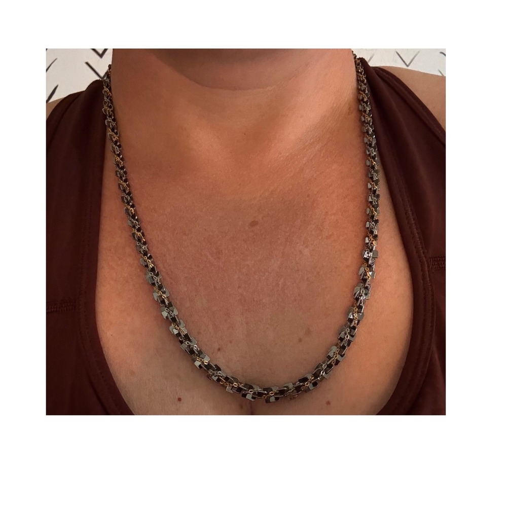 Gunmetal & Gold Tone Faceted Bead Necklace With Flower Clasp Statement Jewelry